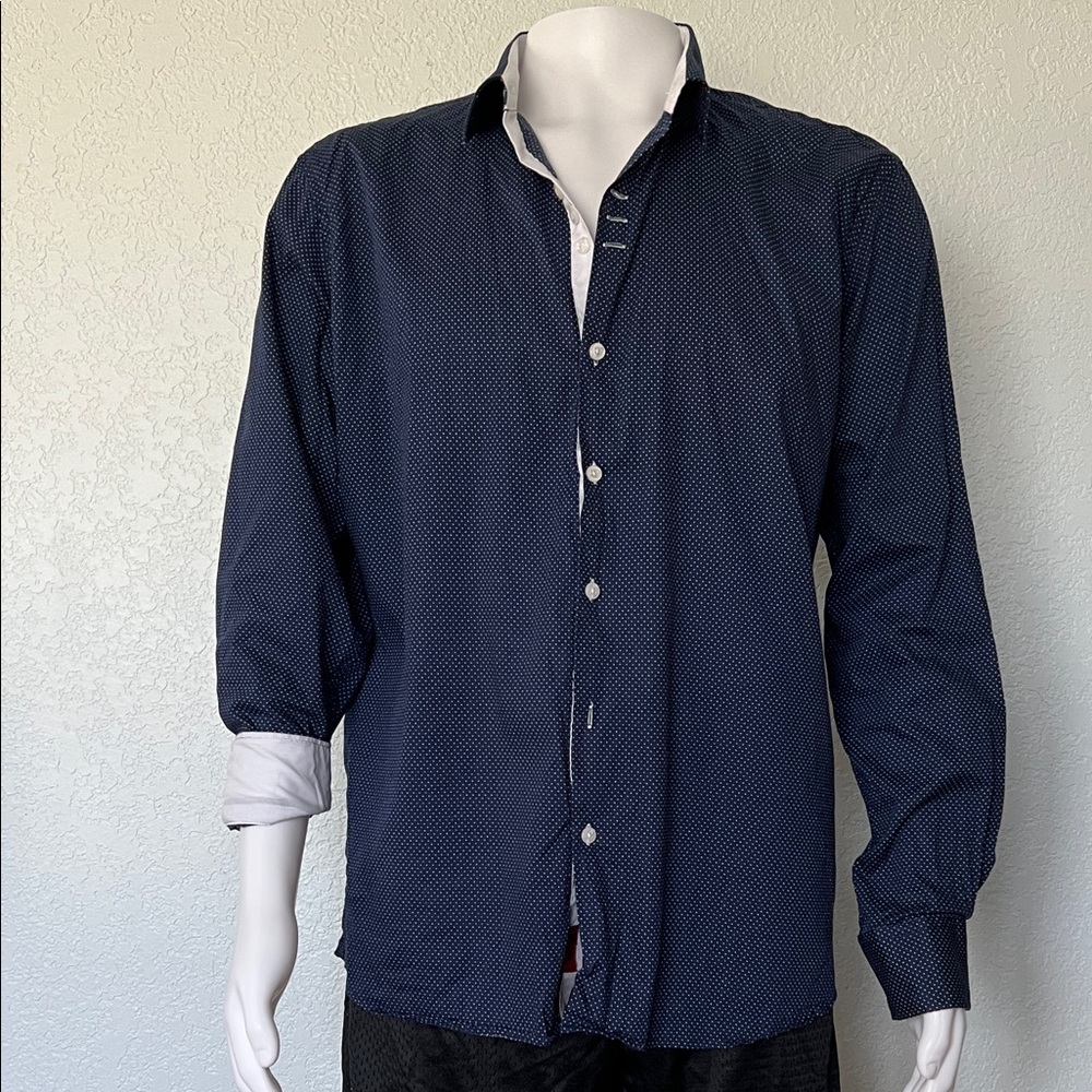 Elie Balleh Modern Fit Shirt Mens Tag XXL (fits like a Large/slim XL) Navy Dot